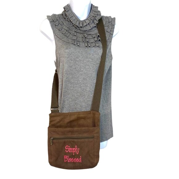 Thirty-One Brown Twill Canvas Simply Blessed Pink Embroidered Crossbody Bag - Picture 2 of 11